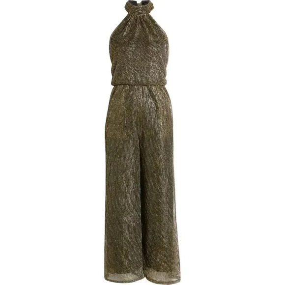 Lulu’s Elegant Dazzle Halter Neck Wide Leg Jumpsuit In Metallic Gold Size XS - Picture 3 of 15